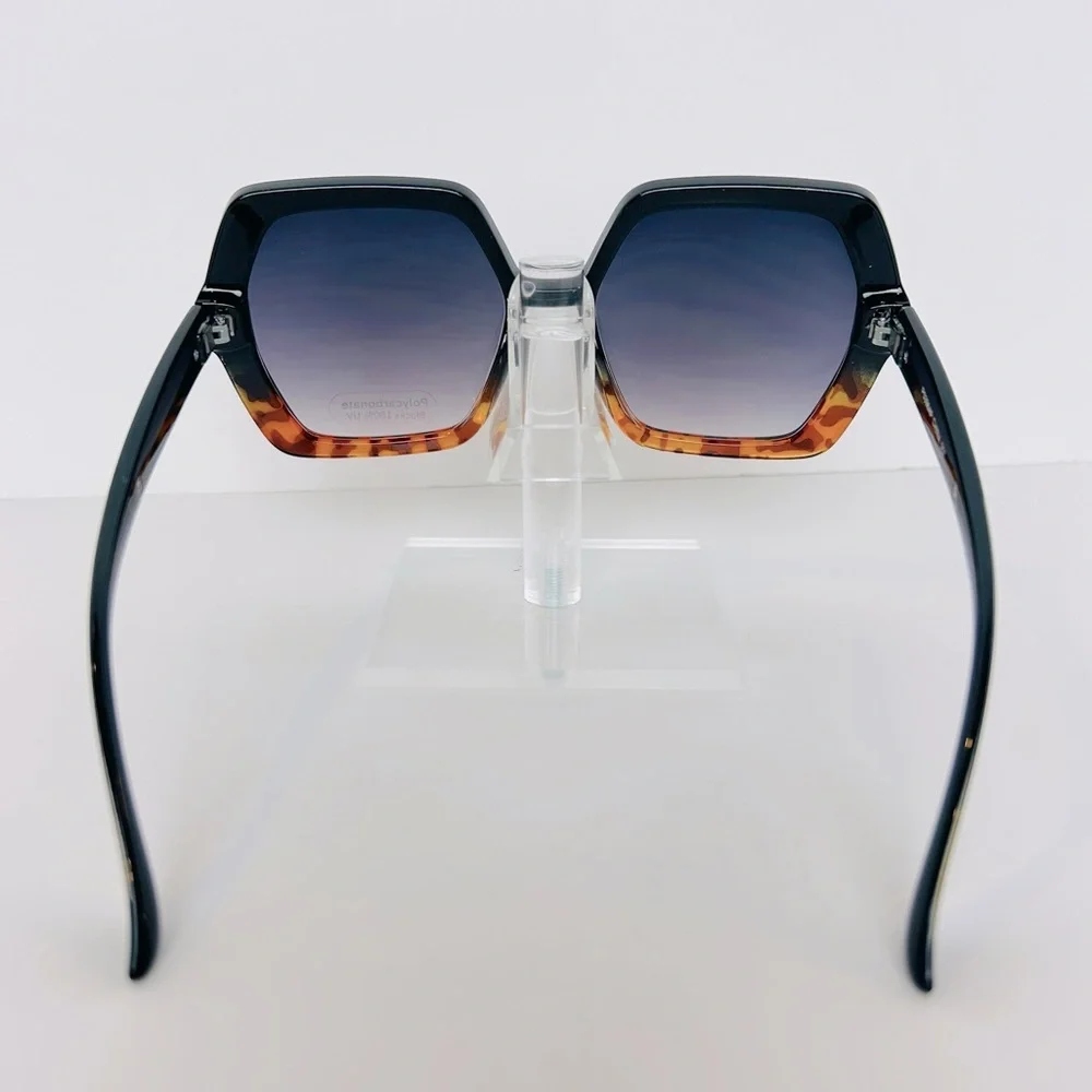 Sunglasses Women's Black Leopard With Gold Hexagon Shaped Oversized Shades NEW